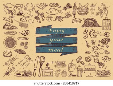 Big set of hand drawn restaurant icons with the phrase ENJOY YOUR MEAL on hand drawn ribbon.