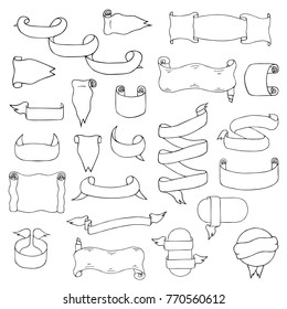 Big set of hand drawn ribbons. Isolated vector illustration. Banners
