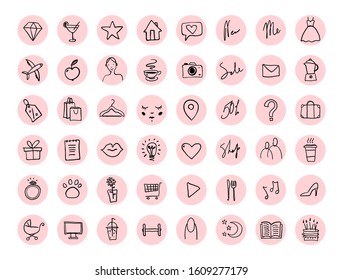 Big set of hand drawn round icons for social networks. Icons for a clothing store, cosmetics, women s blog. Vector illustration.