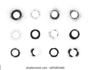 Big set of hand drawn round graffiti frames. Stencil spray paint text banners. Vector isolated grunge illustration. Airbrush ink dot background.