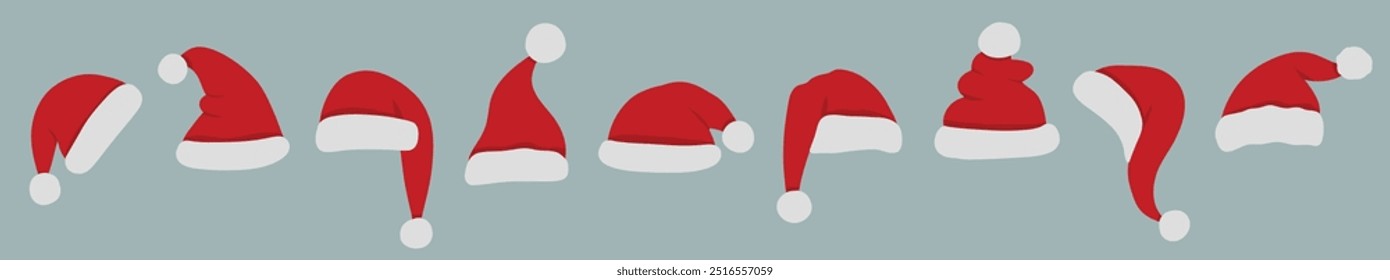 Big set hand drawn Santa Hats isolated on transparent background. Vector santa claus hat colllection, holiday cap to xmas illustration.