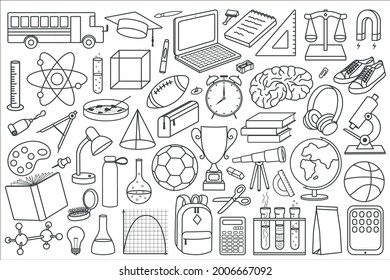 Big set of hand drawn school supplies elements. Vector illustration in doodle style. Black elements isolated on white background.