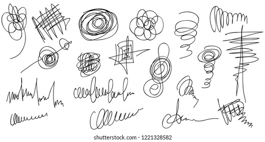 Big set of hand drawn scribble shapes.  Collection of abstract objects in duddles style. Continuous line.Vector.Isolated on white background.