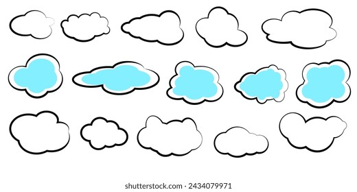 Big set of hand drawn scribble clouds. Collection of abstract contour clouds drawn with brushes in doodles style. Vector. Line art.