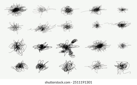 Big set of hand drawn scribble pencil black line. Scratch texture sketchy graphic design element. Sloppy hatching, highlighter for trend modern design. Template vector ballpoint round swirl.
