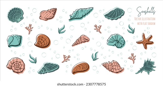 Big set of hand drawn seashells, corals and seaweed. Outline illustrations in a trendy minimal style. Vector illustration of a mussel for tattoo, design social media post and stories.	