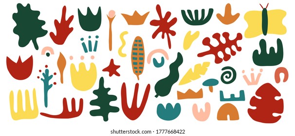 Сontemporary big set hand drawn shapes. Nature doodle elements and objects. Abstract color various leaves and flowers. Trendy modern cartoon vector illustration isolated on white