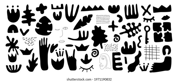 Сontemporary big set hand drawn shapes. Nature doodle elements and objects. Abstract black silhouette various leaves and flowers. Trendy modern cartoon vector illustration isolated on white