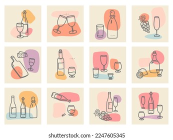 Big set of hand drawn shapes and doodle bottles and wine glasses. Contemporary modern trendy vector illustrations. Every object is isolated. Pastel colors