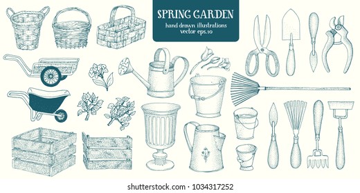 Big set of hand drawn sketch garden elements. Gardening tools. Engrave style retro illustrations.