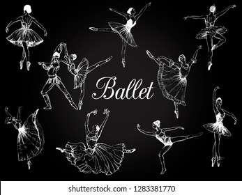 Big set of hand drawn sketch style abstract ballet dancers isolated on black background. Vector illustration.