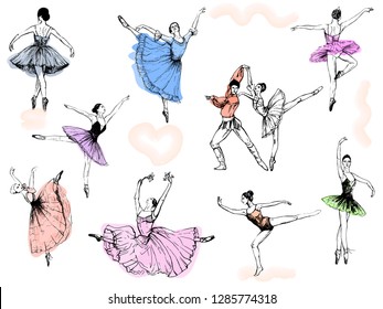 Big set of hand drawn sketch style abstract ballet dancers isolated on white background. Vector illustration.