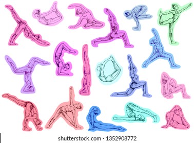 Big set of hand drawn sketch style abstract people doing yoga isolated on white background. Vector illustration.