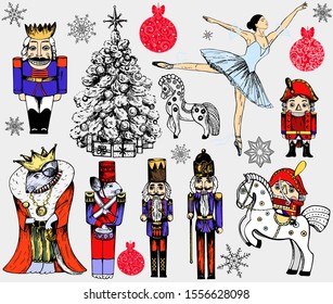 Big set of hand drawn sketch style colored characters and different objects related to The Nutcracker fairy tale isolated on white background. Vector illustration.