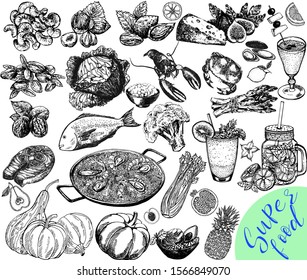 Big set of hand drawn sketch style different kinds of food and drinks isolated on white background. Vector illustration.