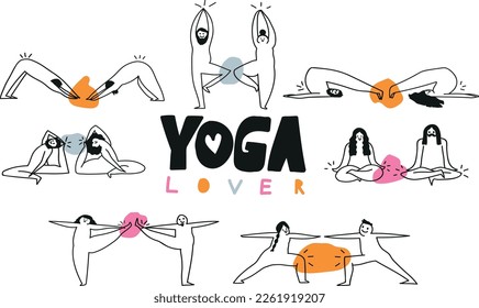 Big set of hand drawn sketch style abstract people doing yoga. Outlined, cute, yoga poses, isolated on white background. Vector illustration.