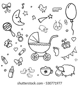 Big set of hand drawn sketch accessories, element, toys for newborn baby, baby shower, children dream. Comic funny style. Vector doodle illustration.