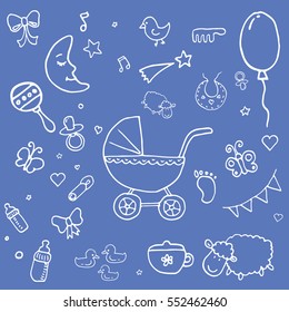 Big Set Of Hand Drawn Sketch Accessories, Element, Toys For Newborn Baby, Baby Shower, Children Dream. Comic Funny Style. Vector Doodle Illustration.