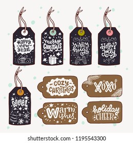 Big set of hand drawn sketched Christmas gift tags with hand lettering. Holiday phrases drawn with hands on paper with organic texture. Xmas vector illustration.