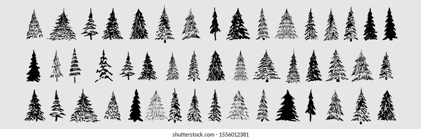 big set of hand drawn sketched winter trees