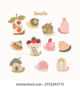 Big set with hand drawn snails, cute cartoon animals. Vector ilustration with cartoon snails.