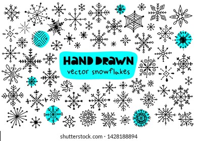 Big set of hand drawn snowflakes on a white background. Doodle style. Vector illustration.
