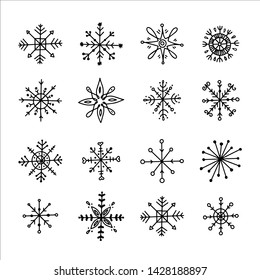 Big set of hand drawn snowflakes on a white background. Doodle style. Vector illustration.