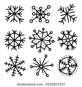 Big set of hand drawn snowflakes. Various linear vector snowflakes. Good for cards, stickers. New year and winter simple symbols, cute snowflakes for print, web, design, decoration, logo or mobile app