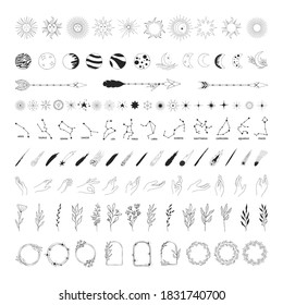 Big set of hand drawn space and boho elements. Stars, comets, hands, celestial sun with face, half moon, starburst, constellations, branches, planets, arrows. Herb borders.