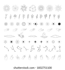 Big set of hand drawn space and boho elements. Stars, clouds, half moon, hands, celestial sun with face, galaxy, starburst, constellations, branches. Scandinavian design.