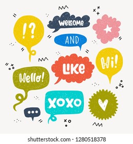 Big set of hand drawn speech bubbles isolated on white background. doodle cartoon style colorful comic bubbles.