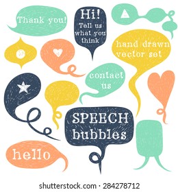 Big set of hand drawn speech bubbles isolated on white background. Doodle cartoon comic bubbles.