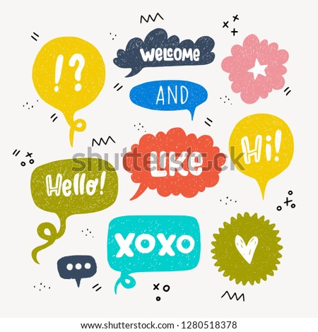 Big set of hand drawn speech bubbles isolated on white background. doodle cartoon style colorful comic bubbles.