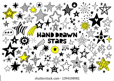 Big set of hand drawn stars on a white background. Doodle style. Vector illustration. 