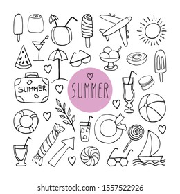 Big set of hand drawn summer doodle with suitcase, sunglasses, airplane, cocktails, hat, lifeline, sailboat and ice cream. Vector travel illustrations on white background.