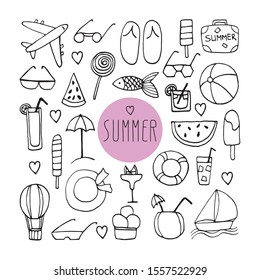 Big set of hand drawn summer doodle with suitcase, flip-flops, sunglasses, airplane, cocktails, hat, lifeline, sailboat, balloon, fish and ice cream. Vector travel illustrations on white background.