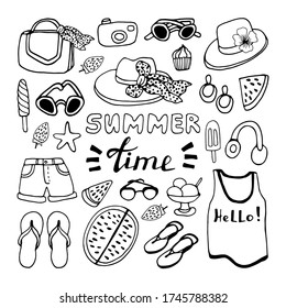 Big set of hand drawn summer doodle with fashion accessories and lettering. Vector travel illustrations on white background.