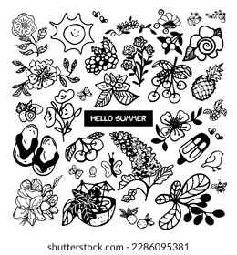 Big set of hand drawn summer doodle with flowers, sunglasses, airplane, cocktails, hat, lifeline, sailboat and ice cream. Vector summer illustrations on white background.
