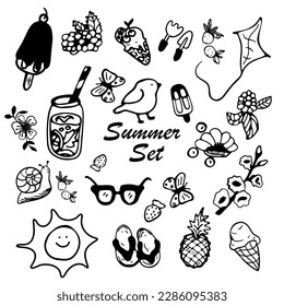 Big set of hand drawn summer doodle with flowers, sunglasses, airplane, cocktails, hat, lifeline, sailboat and ice cream. Vector summer illustrations on white background.