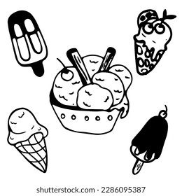Big set of hand drawn summer doodle with flowers, sunglasses, airplane, cocktails, hat, lifeline, sailboat and ice cream. Vector summer illustrations on white background.
