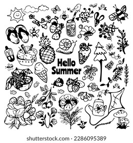 Big set of hand drawn summer doodle with flowers, sunglasses, airplane, cocktails, hat, lifeline, sailboat and ice cream. Vector summer illustrations on white background.