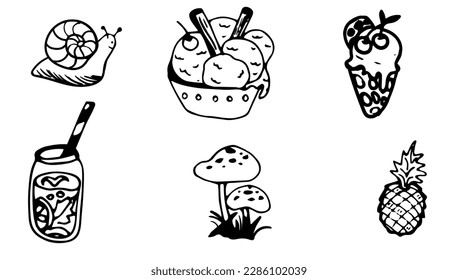 Big set of hand drawn summer doodle with flowers, cocktails, twigs , lifeline and ice cream. Vector summer illustrations on white background.