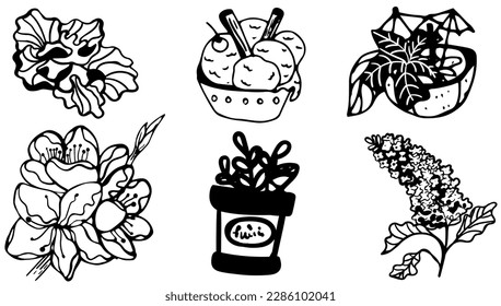 Big set of hand drawn summer doodle with flowers, cocktails, twigs , lifeline and ice cream. Vector summer illustrations on white background.