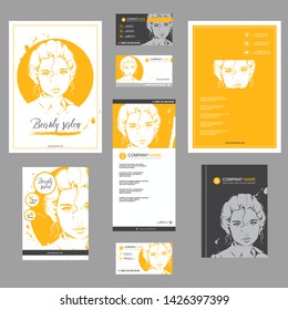 Big set of hand drawn templates for card, flyer, poster, brochure and leaflet design. Fashion illustration with woman fits for fashion shop, magazine, spa salon, hairdresser salon Vector graphic.