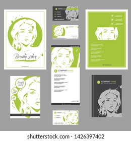 Big set of hand drawn templates for card, flyer, poster, brochure and leaflet design. Fashion illustration with woman fits for fashion shop, magazine, spa salon, hairdresser salon Vector graphic.
