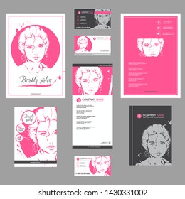 Big set of hand drawn templates for card, flyer, poster, brochure and leaflet design. Fashion illustration with woman fits for fashion shop, magazine, spa salon, hairdresser salon Vector graphic.
