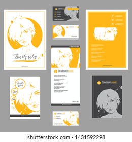 Big set of hand drawn templates for card, flyer, poster, brochure and leaflet design. Fashion illustration with woman fits for fashion shop, magazine, spa salon, hairdresser salon Vector graphic.