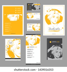 Big set of hand drawn templates for card, flyer, poster, brochure and leaflet design. Fashion illustration with woman fits for fashion shop, magazine, spa salon, hairdresser salon Vector graphic.