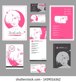 Big set of hand drawn templates for card, flyer, poster, brochure and leaflet design. Fashion illustration with woman fits for fashion shop, magazine, spa salon, hairdresser salon Vector graphic.
