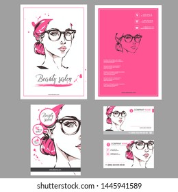 Gran conjunto de Plantillas dibujadas a mano para tarjeta, volante, cartel, folleto y diseño de folleto. Ilustración de moda de mujer para tienda de moda, óptica, salón de spa, gráfico de Vector de peluquería. Color rojo rosado